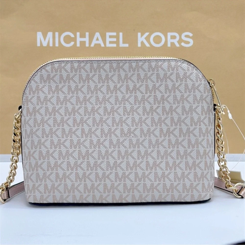 Michael Kors Jet Set Travel Md Metallic Signature Logo Dome Crossbody Satchel NW